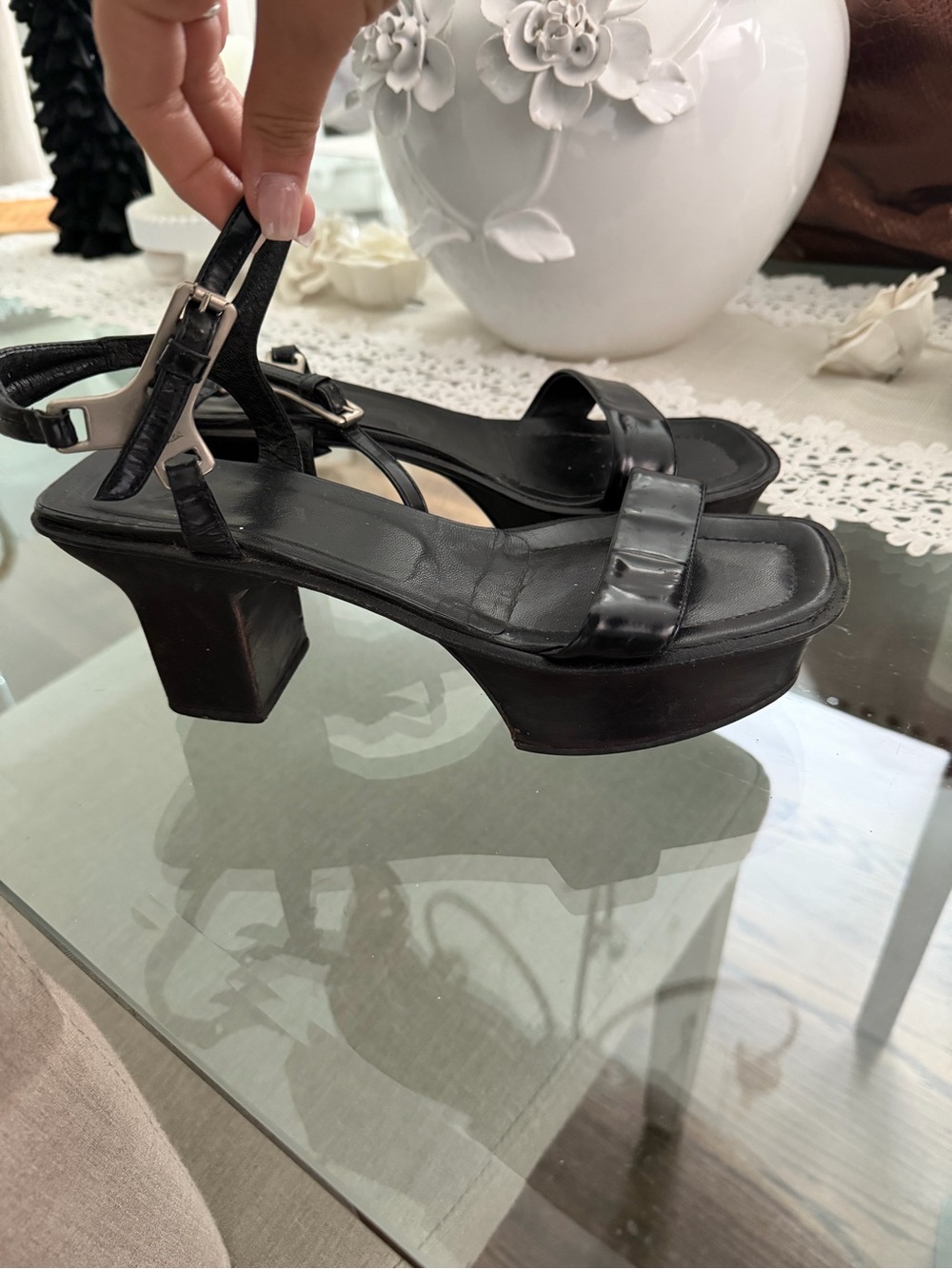 Prada Black Patent Leather Square-Toe Strappy Sandals - Picture 2 of 3